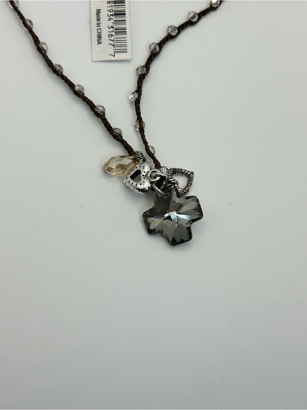 Brighton Karma Cross Necklace Brown Beaded Cord Smoky Gray Crystal Cross J45372 - Picture 9 of 14